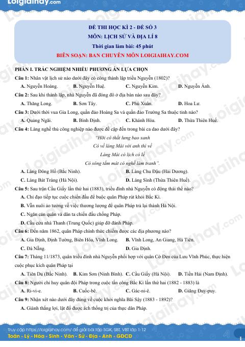 Đề thi học kì 2 Lịch sử và Địa lí 8 - Đề số 3